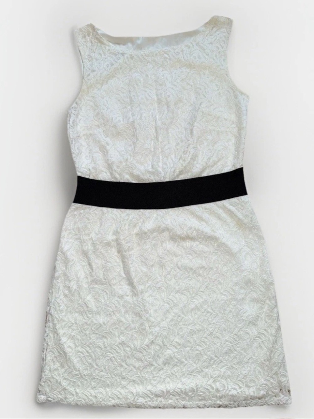 Women Size S White Mini Dress Above Knee Lace Black Waistband Cotton Blend Used